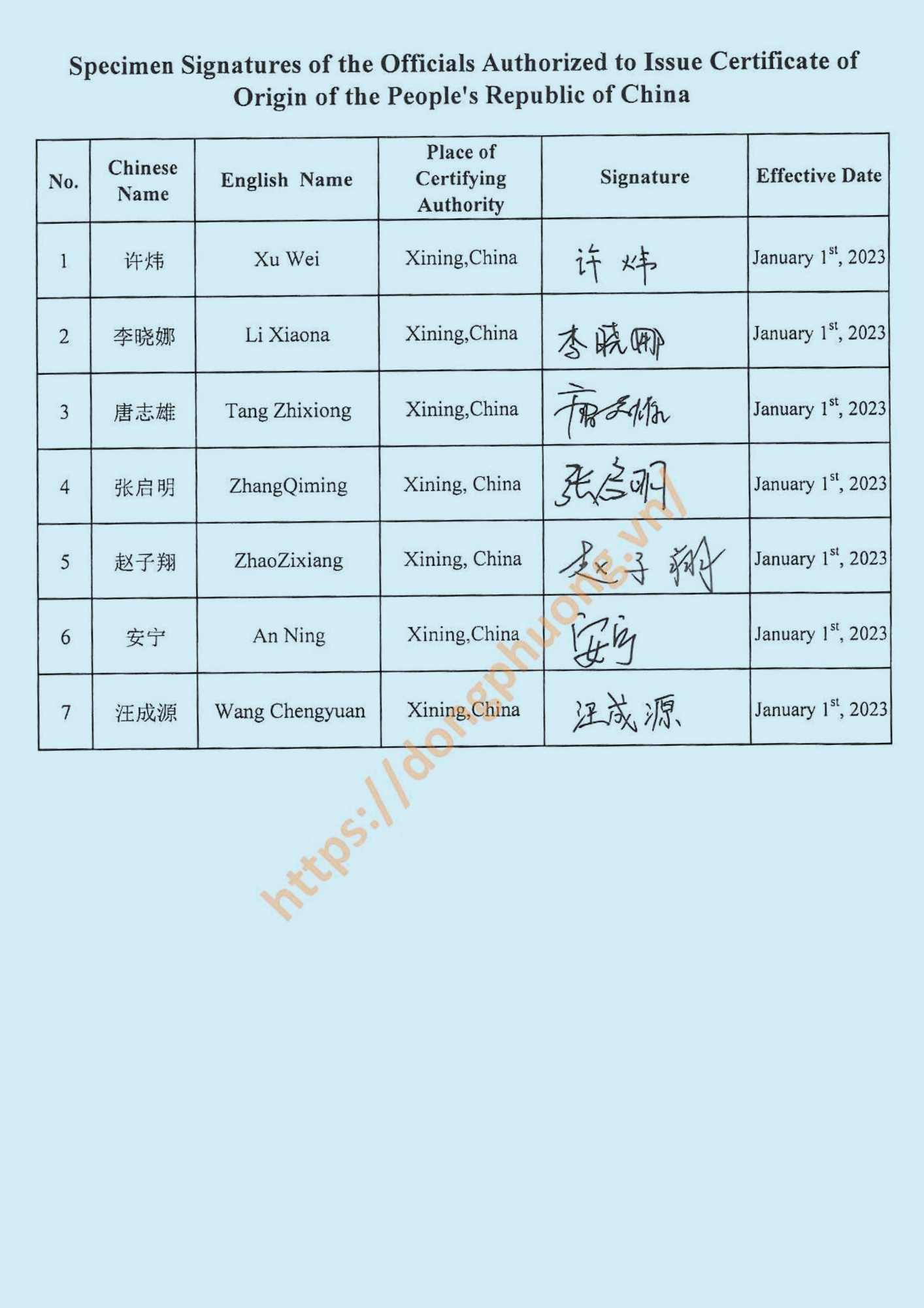 Mẫu dấu và chữ ký form E 2023 Xining customs