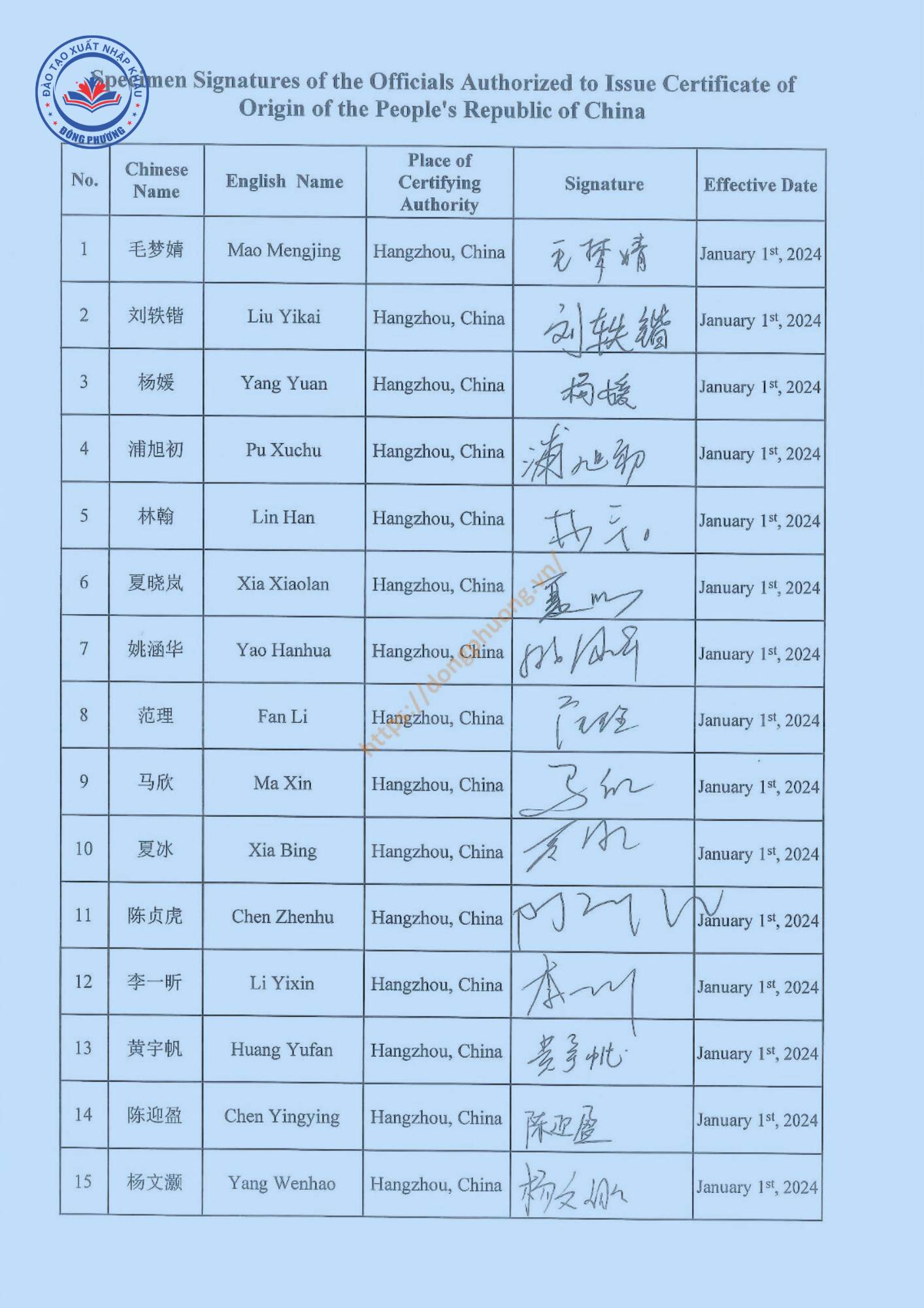 Mẫu dấu và chữ ký form E 2024 Hangzhou Customs 1